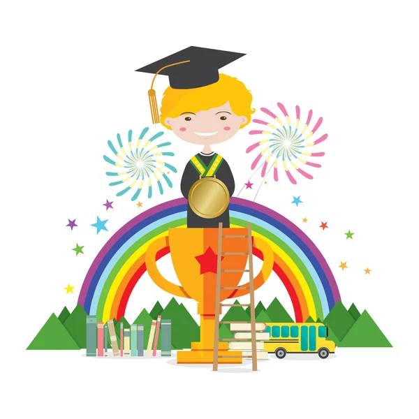 Ukończeniu studiów Student stojący na złote trofeum reprezentują do ilustracji wektorowych koncepcja edukacji sukces — Wektor stockowy