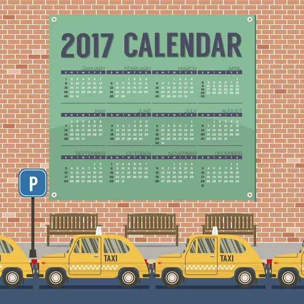 2017 Calendrier imprimable Début Dimanche Taxi Cars Park Au sentier Illustration vectorielle — Image vectorielle