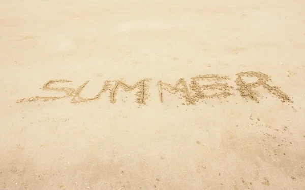 Summer Handwritten On Sand Summer Background Concept — Stock Photo, Image