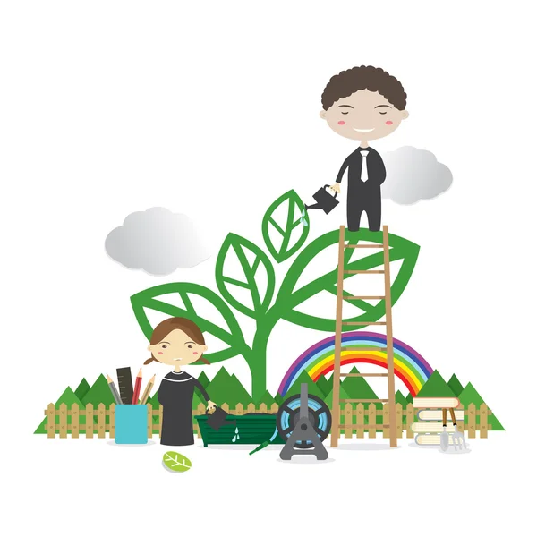 Happy People Grow A Big Tree Green Concept Illustrazione vettoriale — Vettoriale Stock