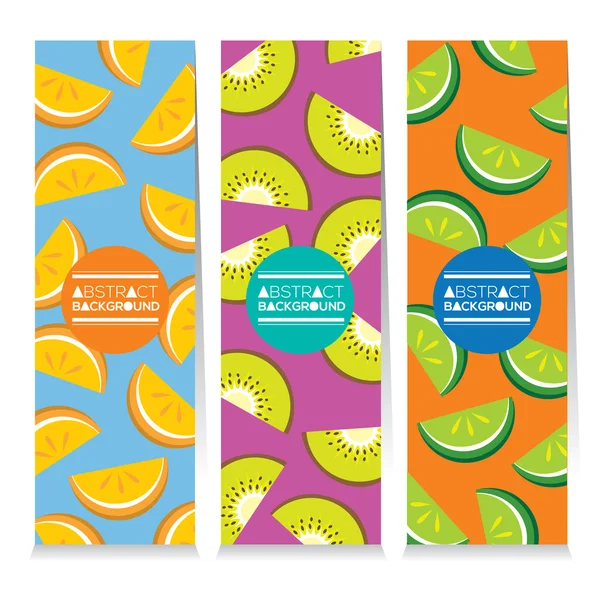 Conjunto de diseño moderno de tres piezas de fruta jugosa Banners verticales Vector Illustration — Archivo Imágenes Vectoriales