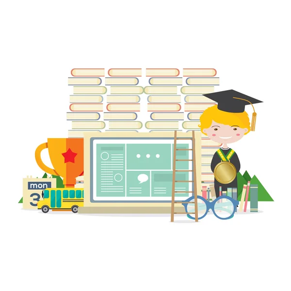 Happy Student With Books, Trophy And Ladder Represent Education Concept Vector Illustration — Stock Vector