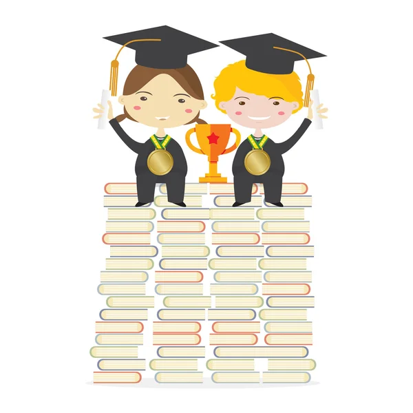 Children Wearing Graduation Suit Sitting With Golden Trophy On Huge Books Stacks Represent To Success Education Vector Illustration — Stock Vector