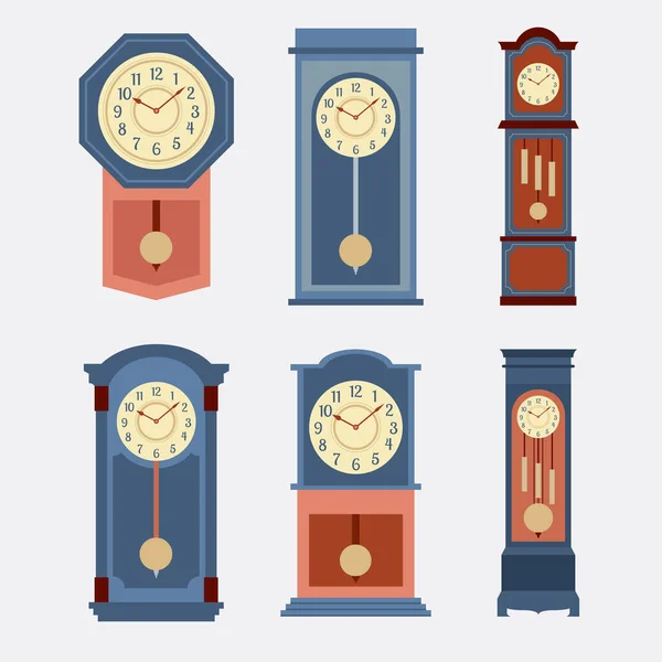 Flat Design Grandfather Pendulum Clock Icon Set Vector Illustration — Stock Vector