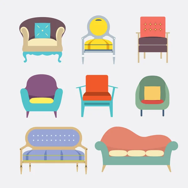 Projekt Płaski Vintage Sofa Ikony Zestaw Wektor Ilustracji — Wektor stockowy