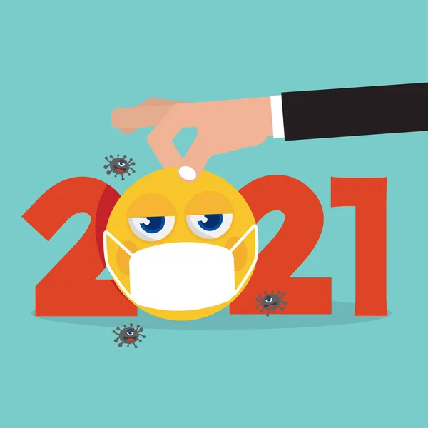 Człowiek Łapie Żółtego Emoji Masce Medycznej Ponieważ 2021 Rok Którym — Wektor stockowy