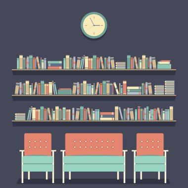 Düz tasarım okuma koltuklar ve raflardan vektör çizim