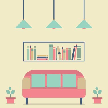 düz tasarım iç vintage kanepe ve bookshelf