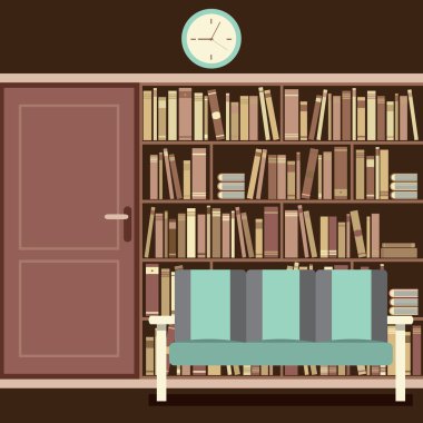 koltuğun önünde büyük bir kitaplık okuma