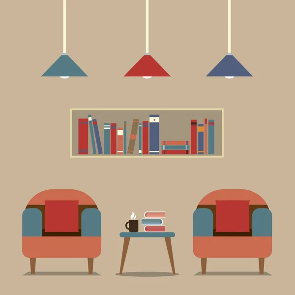 Modern design inredning stolar och bokhylla — Stock vektor