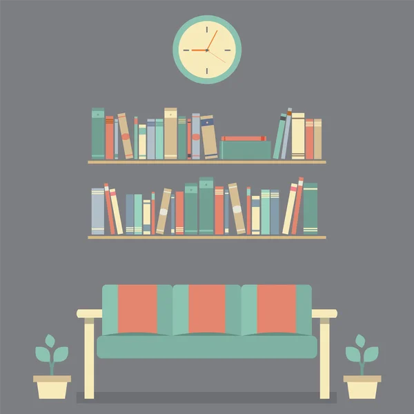 Düz tasarım iç vintage kanepe ve bookshelf — Stok Vektör
