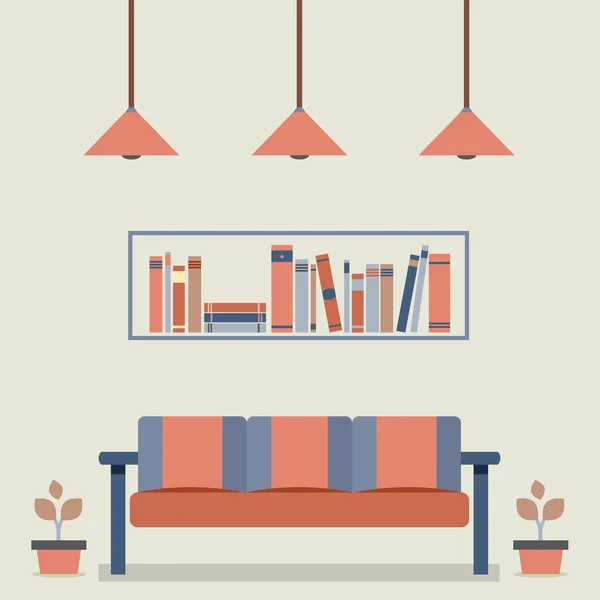 Plochý design interiéru vinobraní pohovku a bookshelf — Stockový vektor