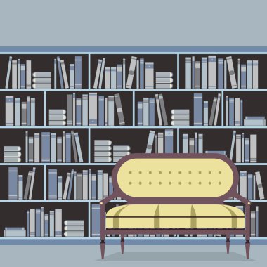 boş okuma koltuğun önünde bir kitaplık vektör çizim