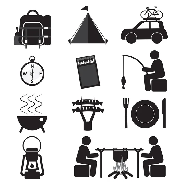 Camping y actividades al aire libre Icono Set Vector Ilustración — Archivo Imágenes Vectoriales