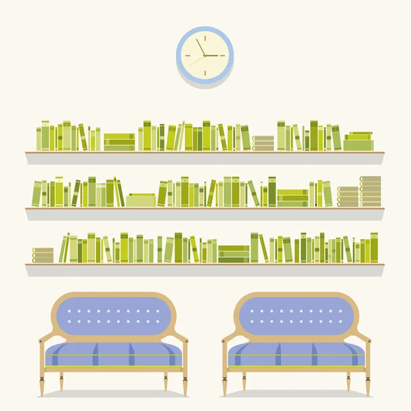 Flat Design Reading Seats and Bookshelves Vector Illustration — Stock Vector