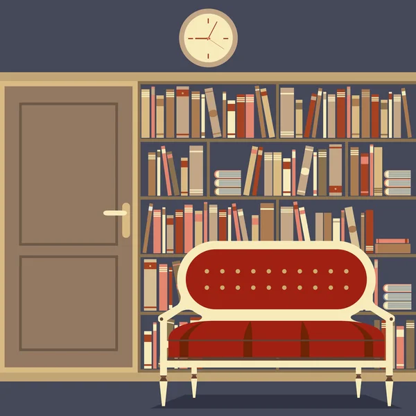 Asiento de lectura frente a una enorme librería — Vector de stock