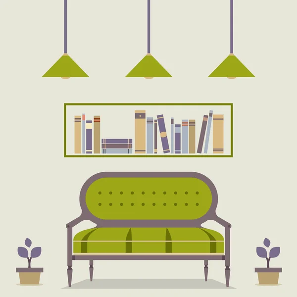 Platte ontwerp interieur vintage sofa en boekenplank — Stockvector