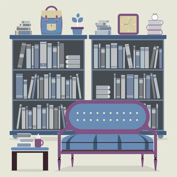 Canapé intérieur design moderne et bibliothèque — Image vectorielle