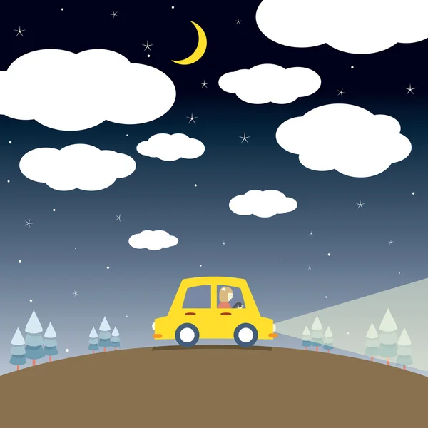 Mulher solteira dirigir um carro na noite —  Vetores de Stock