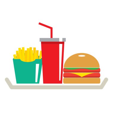 Hamburger, patates kızartması ve kola tepsi vektör Illus bir bardak