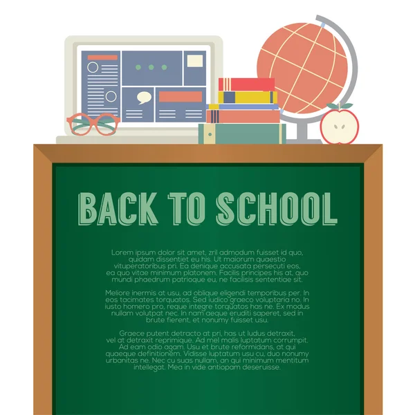 Laptop, βιβλία και γραφείο κόσμο πίσω στο σχολείο έννοια διάνυσμα εικονογράφο — Διανυσματικό Αρχείο