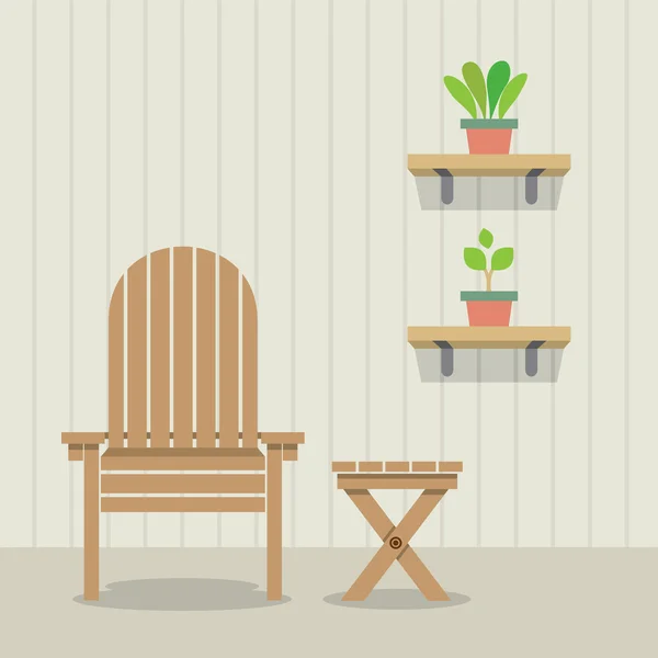 Chaise et table de jardin avec des plantes de pot sur le mur en bois — Image vectorielle