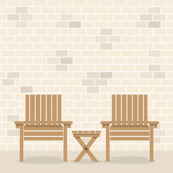 Chaises de jardin en bois avec table devant le mur de briques Backgrou — Image vectorielle