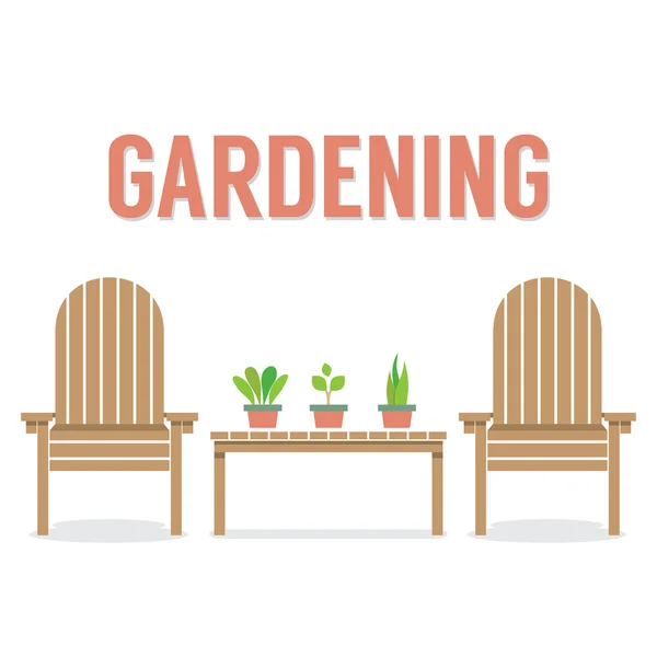 Καρέκλες κήπου ξύλινα και δοχείο φυτό στον πίνακα Vector εικονογράφηση — Διανυσματικό Αρχείο