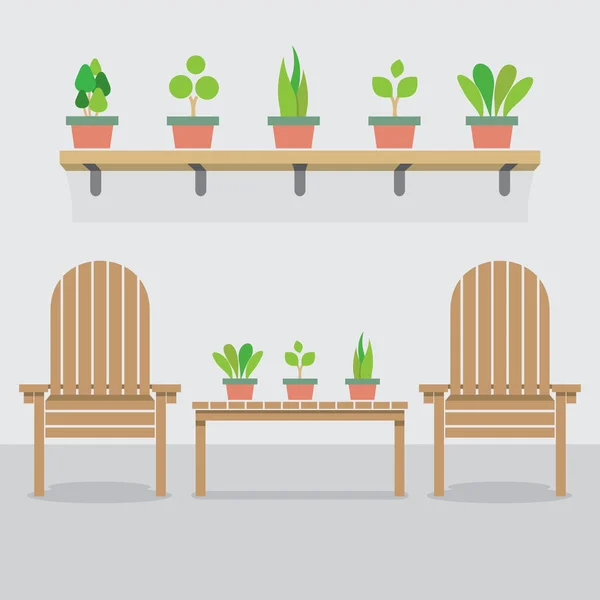 Chaises de jardin en bois et plantes en pot Illustration vectorielle — Image vectorielle