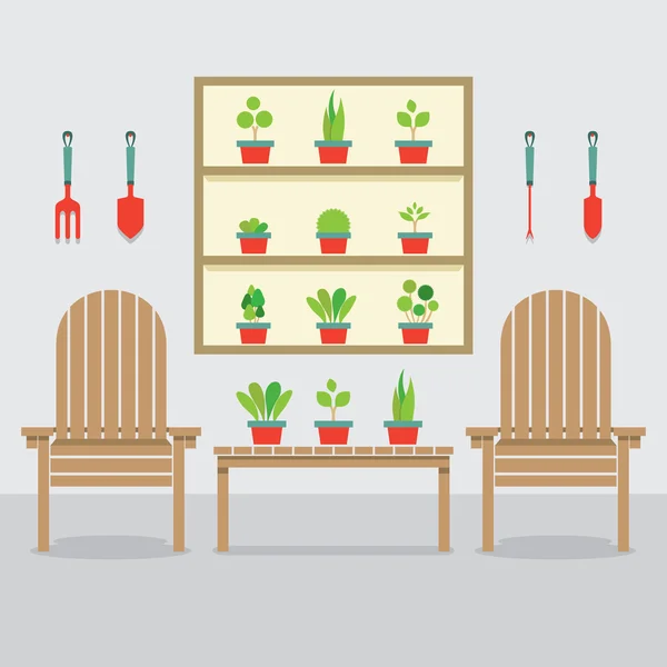 Chaises de jardin en bois et plantes en pot Illustration vectorielle — Image vectorielle