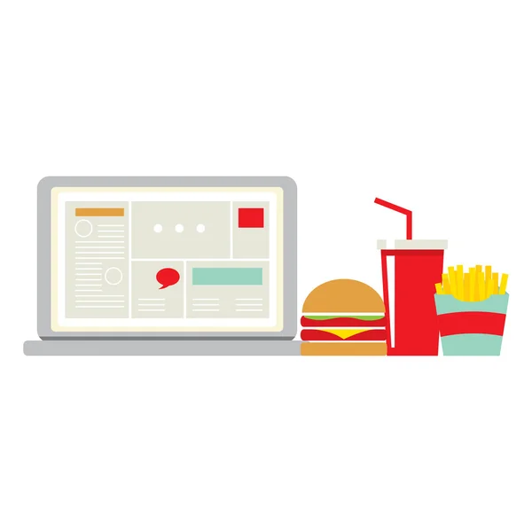 Fast Food naast Laptop voor werknemer vectorillustratie — Stockvector