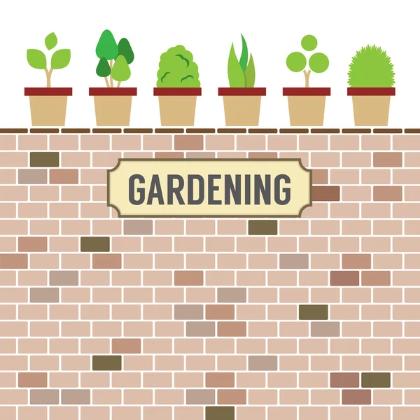 Pot Plants On Brick Wall Gardening Concept Vector Illustration — Stock Vector