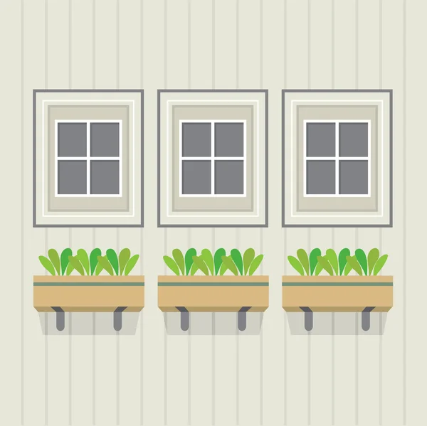 Closed Windows With Pot Plants Below Vector Illustration — Stock Vector