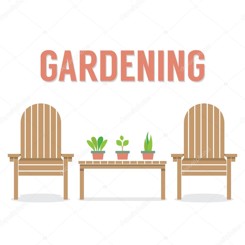 Wooden Garden Chairs And Pot Plant On Table Vector Illustration