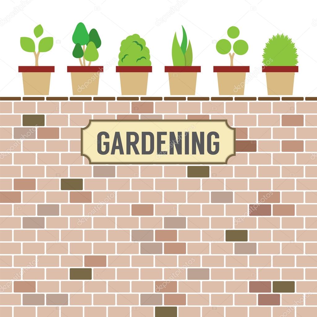 Pot Plants On Brick Wall Gardening Concept Vector Illustration