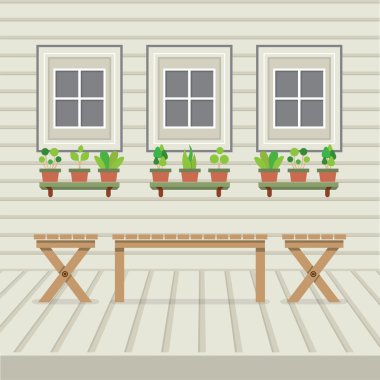 Ahşap duvar ve zemin ile Pot bitkiler Vect üç banklar boş