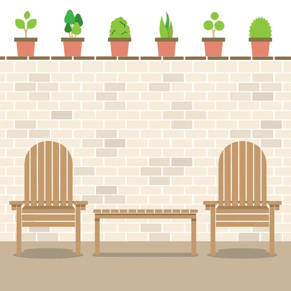 Cadeiras de jardim de madeira com mesa e vasos acima da parede de tijolos —  Vetores de Stock