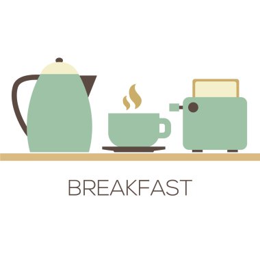 Sıcak kahve su ısıtıcısı ve tost makinesi için kahvaltı vektör Illustra