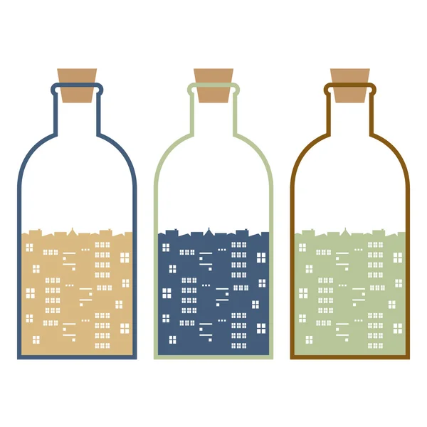 Set Of Buildings In Glasses Bottles Vector Illustration — Stock Vector
