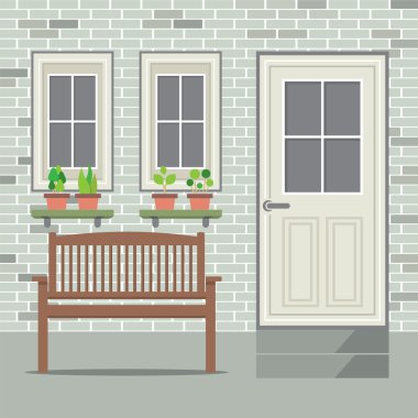 Pot bitki ve tuğla arka plan vektör Illustra ahşap sandalye