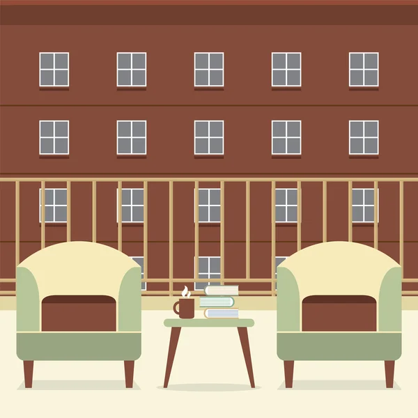 Sofa mit Büchern und Kaffee auf Balkon Vektor Illustration — Stockvektor