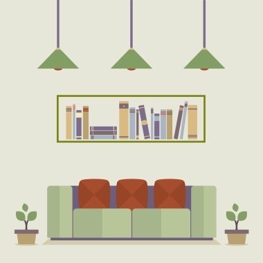 düz tasarım iç vintage kanepe ve bookshelf