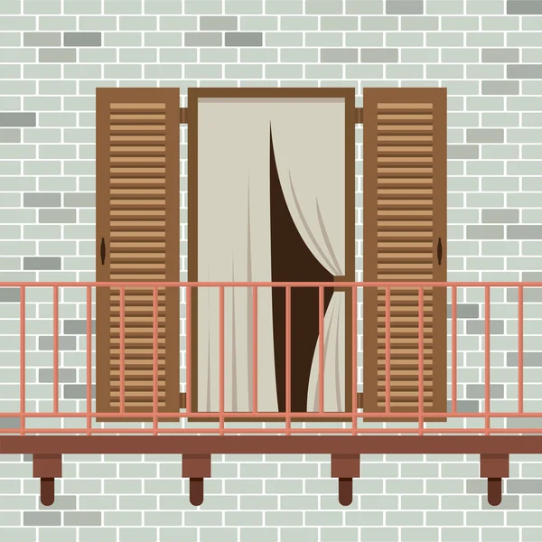 Opened Wooden Door With Balcony Vector Illustration — Stock Vector