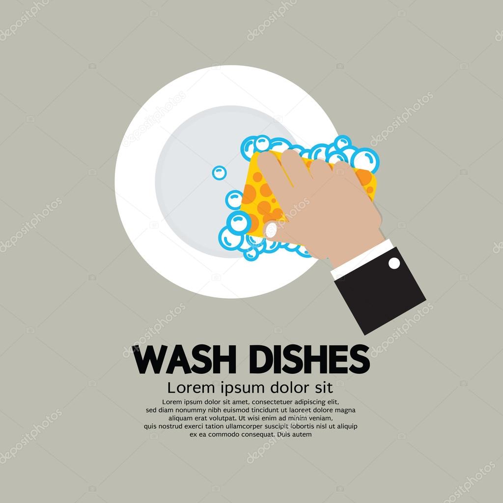 Hand Washing Dishes With Sponge Vector Illustration