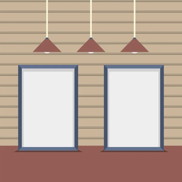 Set de tableros en blanco con lámparas de techo en pared de madera — Vector de stock