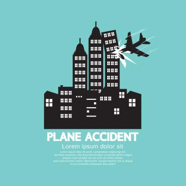Uçak kaza ile gökdelenler siyah grafik vektör Illustratio