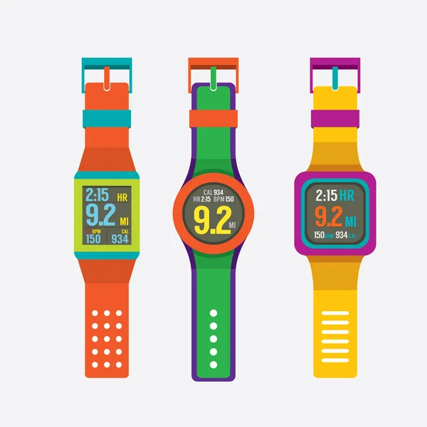 Conjunto de relógios desportivos coloridos Vector Ilustração — Vetor de Stock