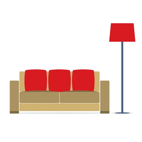 白い背景のベクトル図でモダンなランプが付いているソファー — ストックベクタ