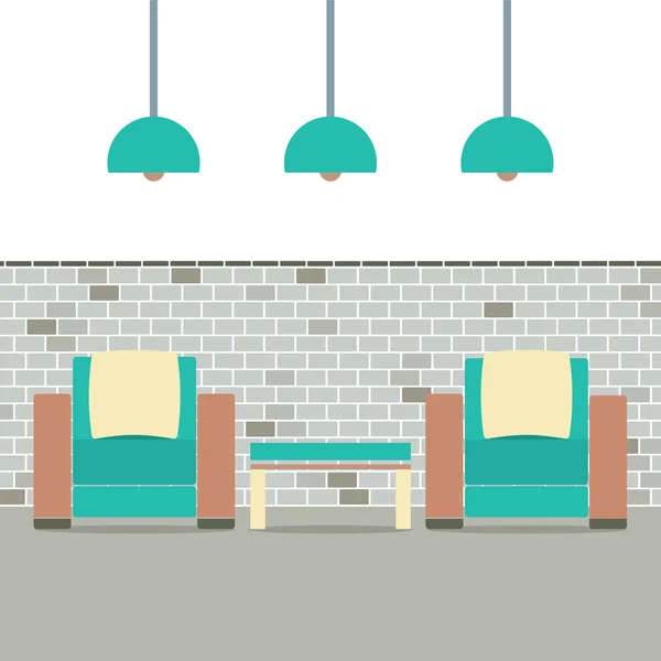 Sofas With Modern Lamp On Brick Background Vector Illustration — Stock Vector
