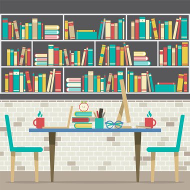 Modern düz tasarım çalışma alanı kitaplık vektör çizim ile